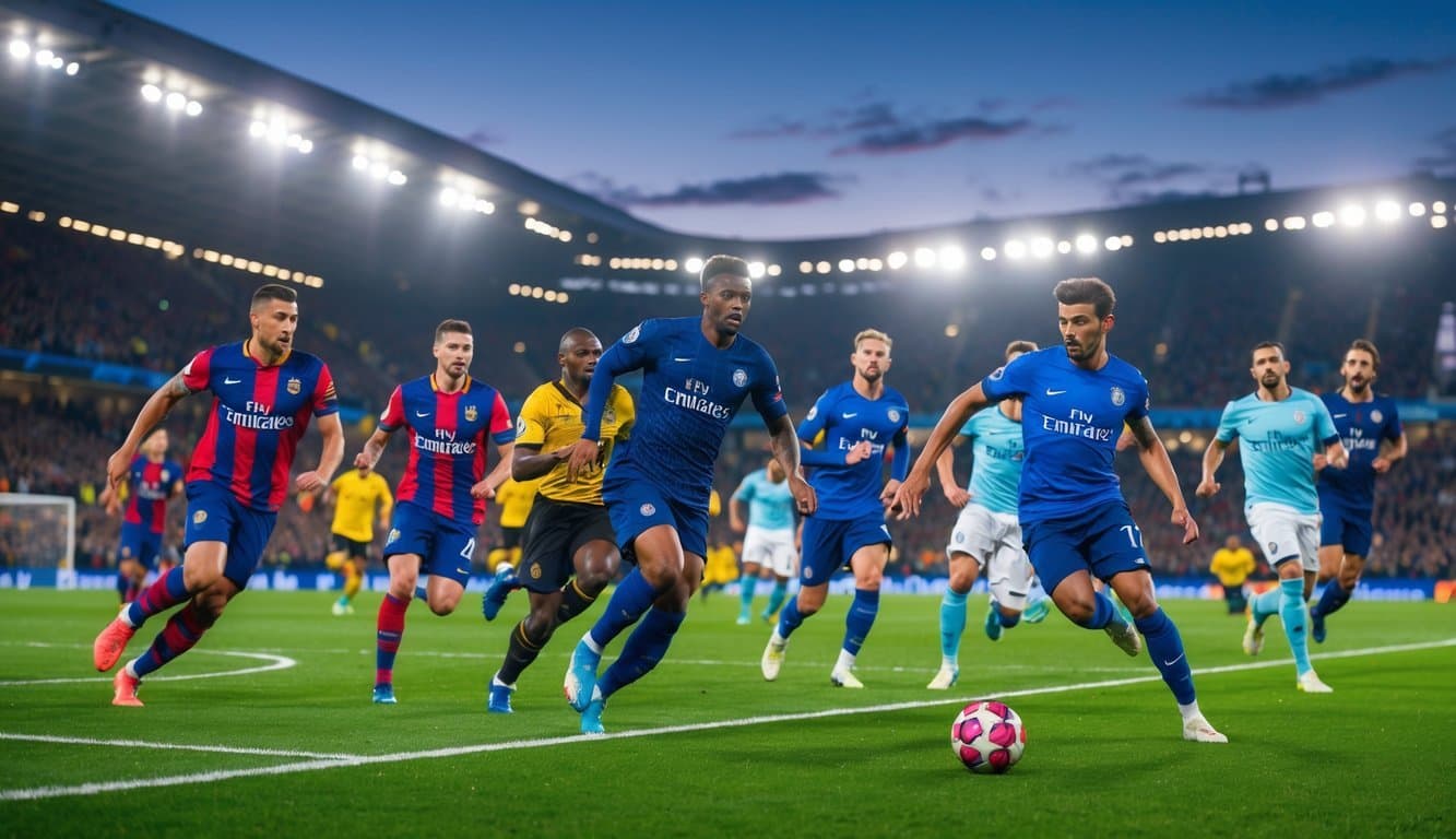 Fudbaleri u akciji tokom utakmice Lige šampiona, kako se bore za loptu blizu gola na stadionu punom navijača.