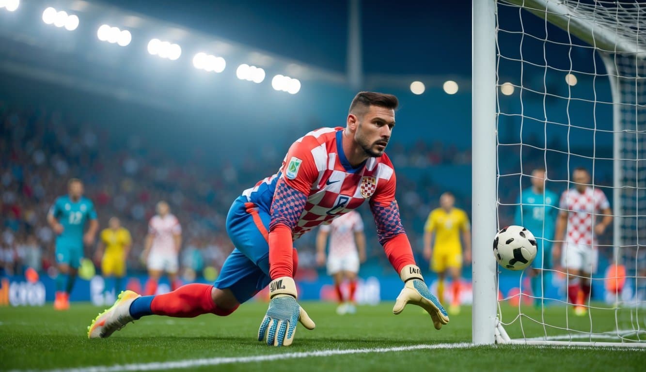 Golman hrvatske fudbalske reprezentacije u akciji, kako brani gol na fudbalskom terenu.